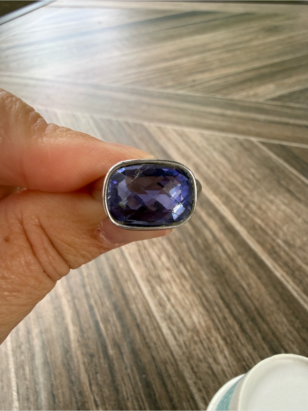 Touchstone Crystal Purple Cushion Ring Rhodium Size 9
